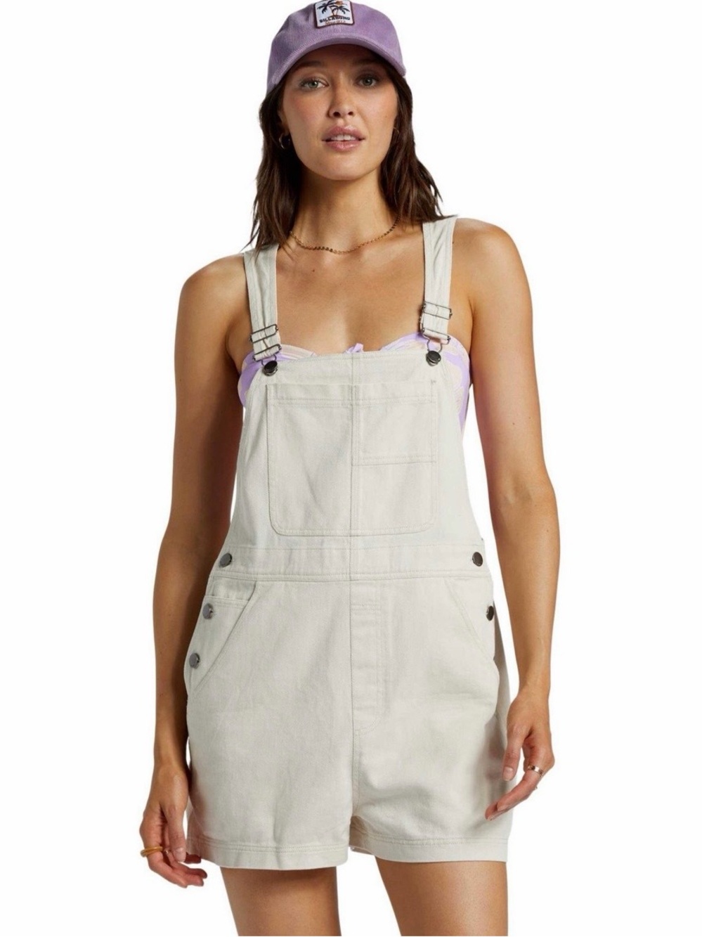 Billabong Women’s Cream Short Overalls - Casual Romper w/ Button Detail Size M